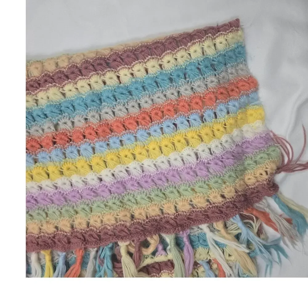 Handmade Rainbow Crochet Afghan Throw Blanket With Fringe Pastel Cottagecore